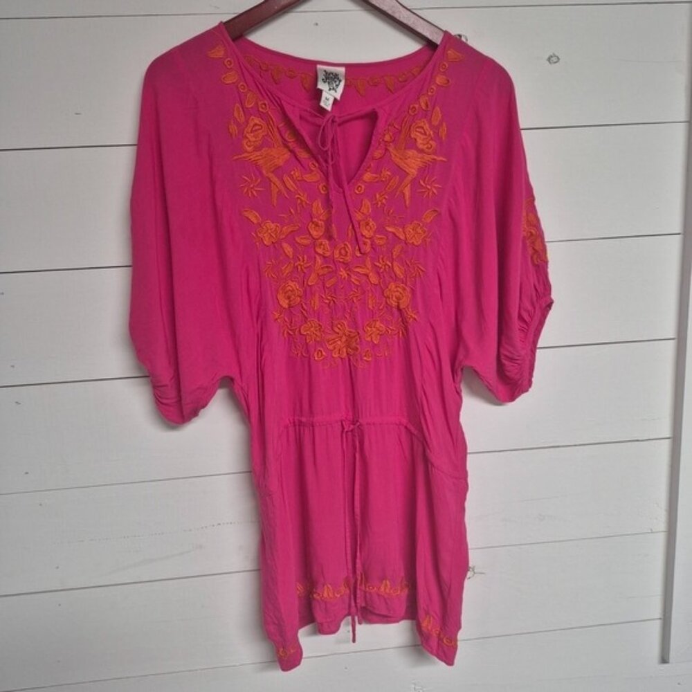 Ivu Jane Pink Boho Embroidered Tunic Top M With Floral & Bird Design